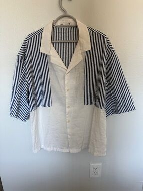 Zara Blue and White Striped Short Sleeve Button-Up